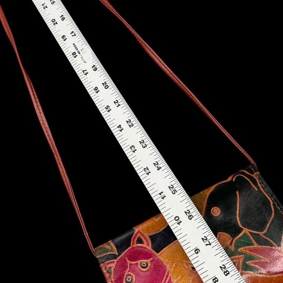 Vtg Leather Crossbody Bag Mirror Hand Painted Animals Floral Artsy Boho - Picture 8 of 13